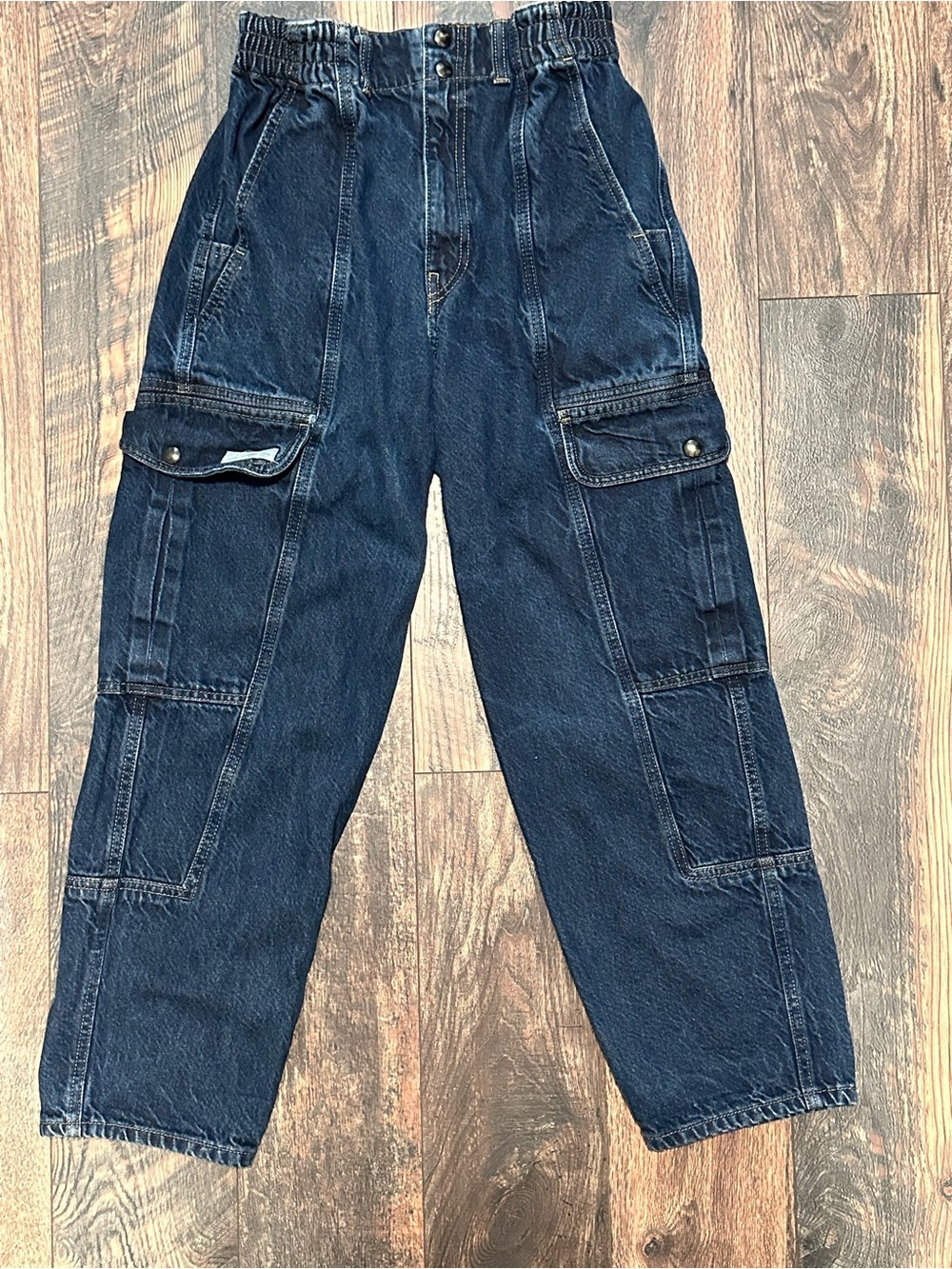 BDG Dark Blue High-Rise Cargo Barrel Jeans